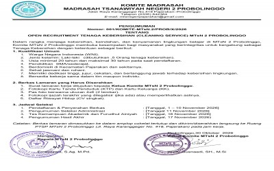 OPEN RECRUITMENT TENAGA KEBERSIHAN (CLEANING SERVICE) MTsN 2 PROBOLINGGO